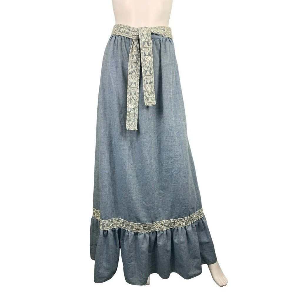 Cottage Core Vintage Peasant Skirt Folk Prairie Boho Maxi Chambray‎ Miss K 9/10